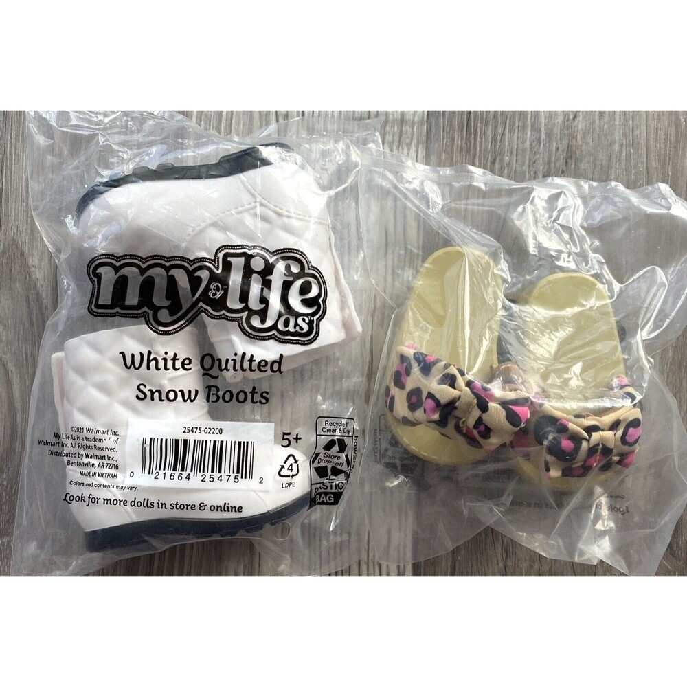 My life As Cheetah Bow Slides & White Quilted Boots shoes for 18" Dolls